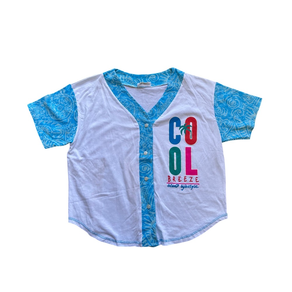 Cool Breeze Island Lifestyle Vintage Baseball Jersey Shirt White Blue Graphic L
